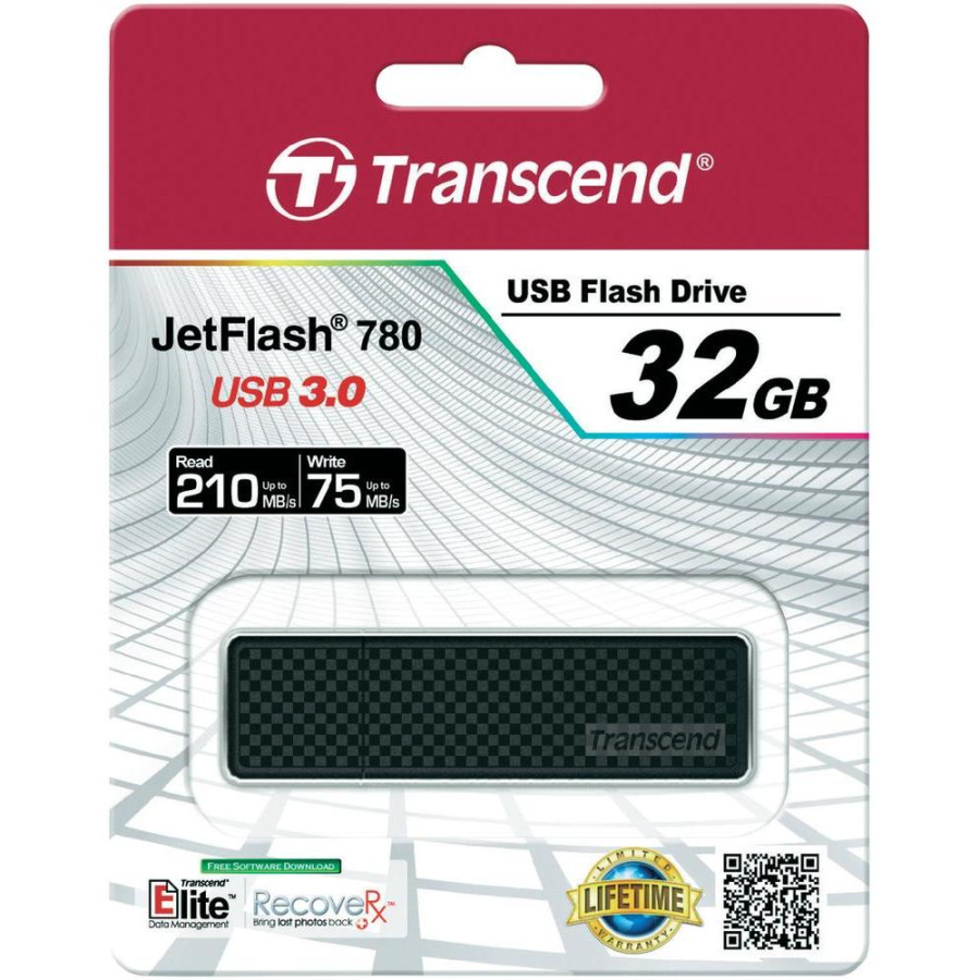 Флэш-накопитель 32 GB Transcend JetFlash 780 (черно-серебристый, пластик, 75 MB/s 210 MB/s 70x21x8 мм, коннектор закрывается колпачком, USB 3.0 Type-A