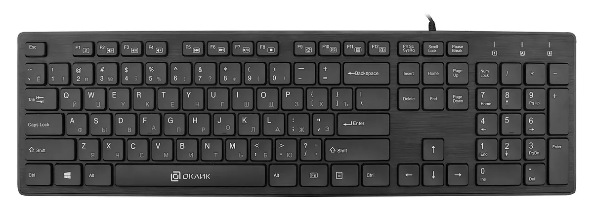 Клавиатура Oklick 520M2U (черный, USB, мембранная, 1.5 м, 104 кл., 2 xUSB, полноразмерная, slim)