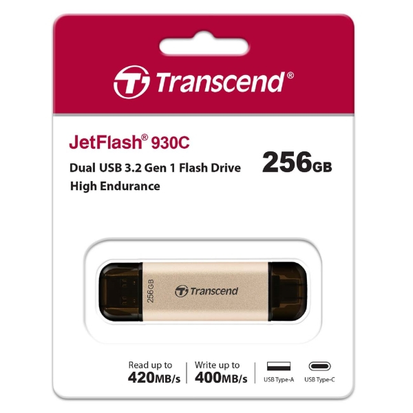 Флэш-накопитель 256 GB Transcend JetFlash 930C (черно-золотистый, пластик, 420/400 MB/s, коннектор закрывается колпачком, USB 3.0 Type-A/Type-C)